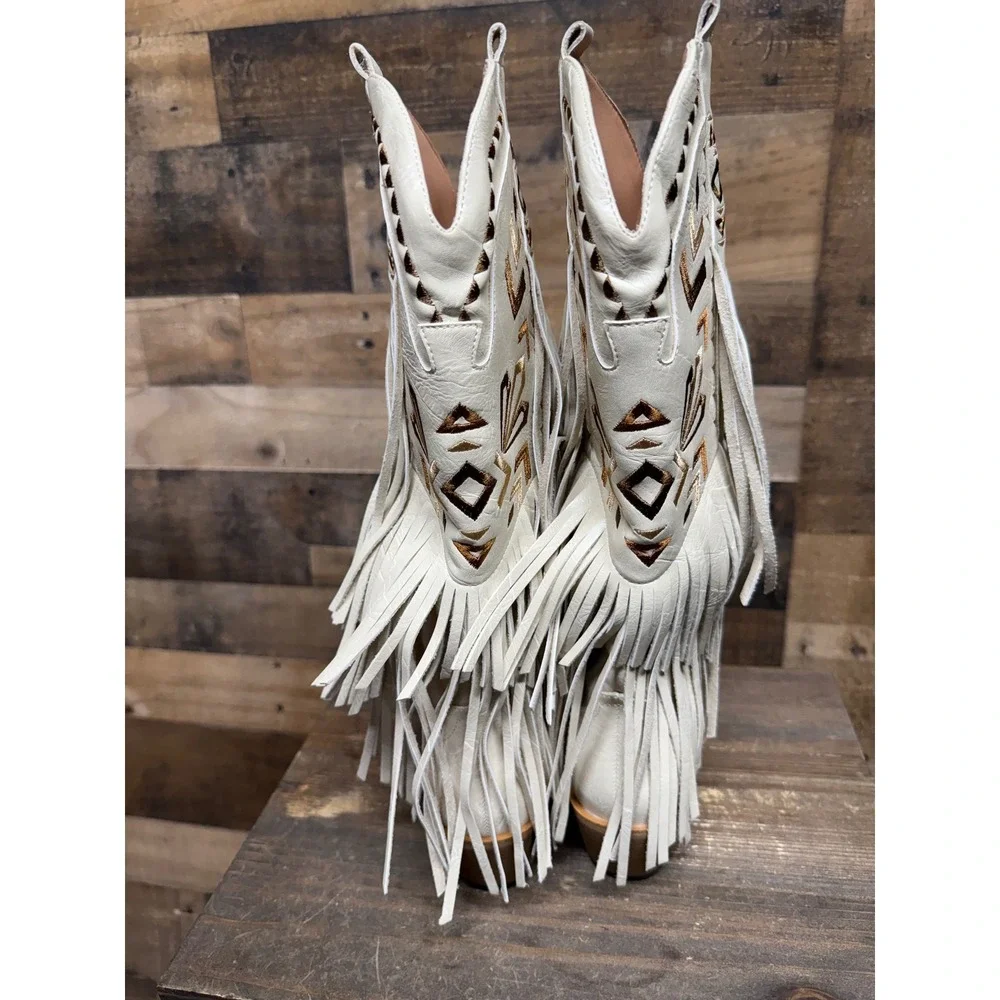 Western Fringe Embroidered Pointed Toe Cowboy‎ Boots Off White Cream Womens 7.5
